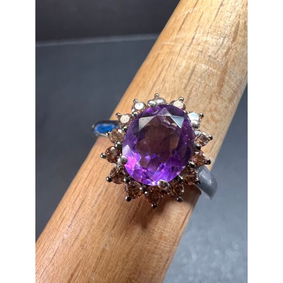 NEW Amethyst and brown zircon halo ring in platinum over sterling silver size 8 - Picture 1 of 16